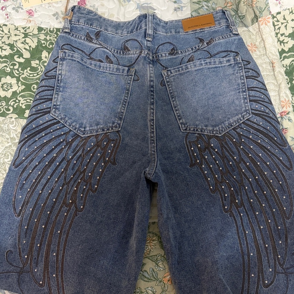 Embellished Denim jorts with Wing Design y2k